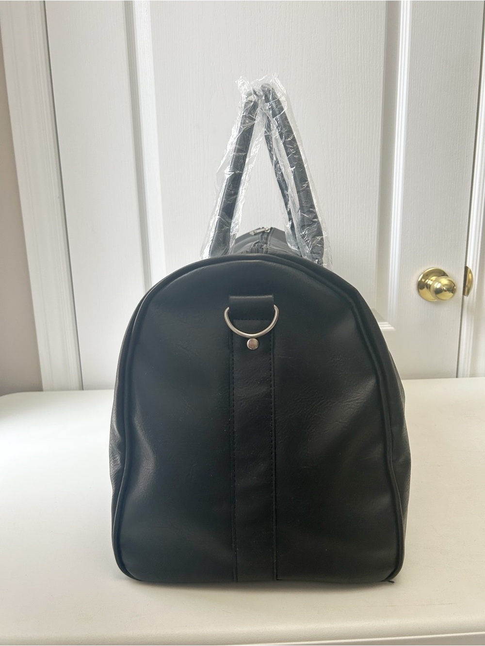 Black Faux Leather Weekender Bag Travel Duffel - Picture 4 of 10